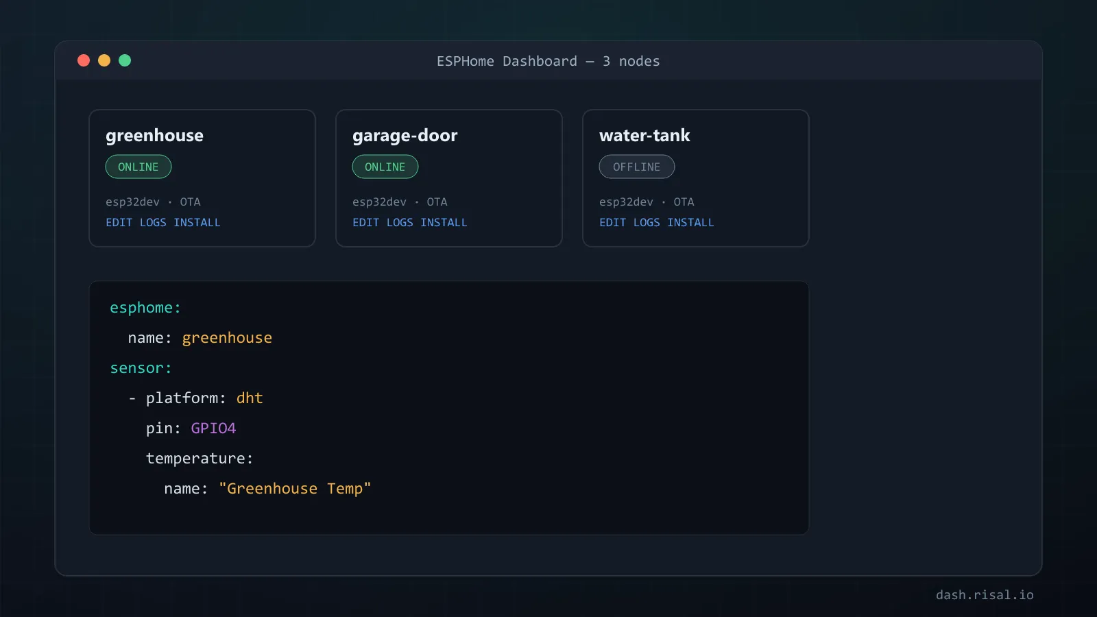 ESPHome dashboard with three nodes and a YAML config