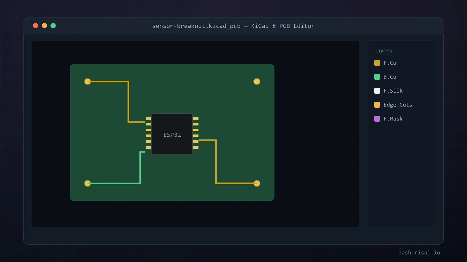 KiCad 8 PCB editor with a routed ESP32 breakout board