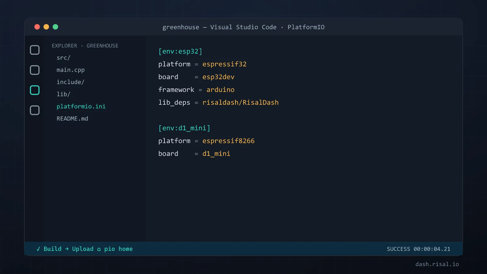 VS Code with PlatformIO: platformio.ini targeting ESP32 and ESP8266