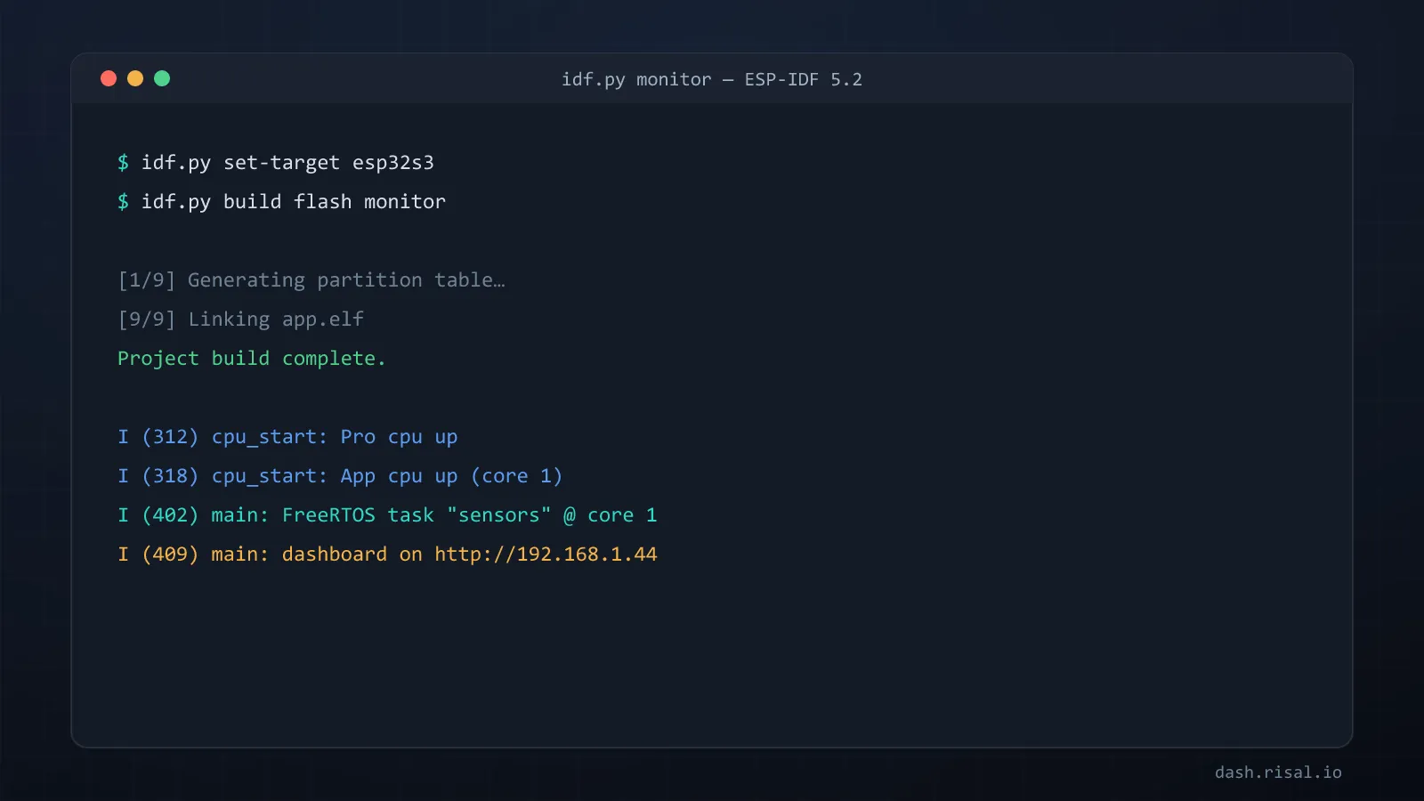 ESP-IDF terminal: idf.py build flash monitor with a FreeRTOS log