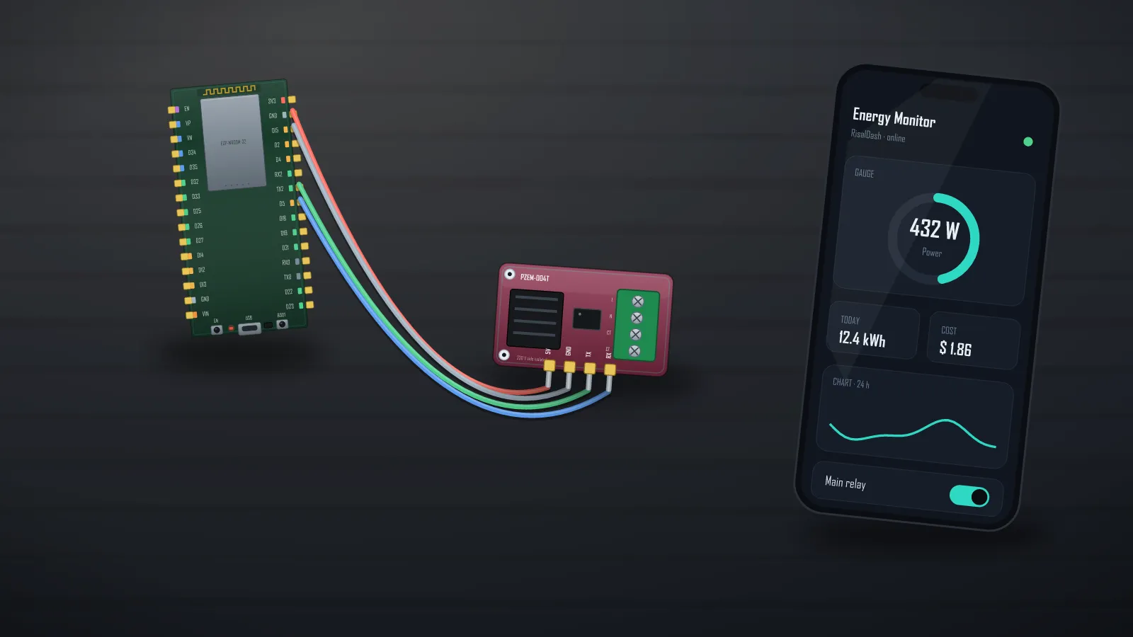 ESP32 home energy monitor project: PZEM-004T, 100A CT clamp, kWh and cost live