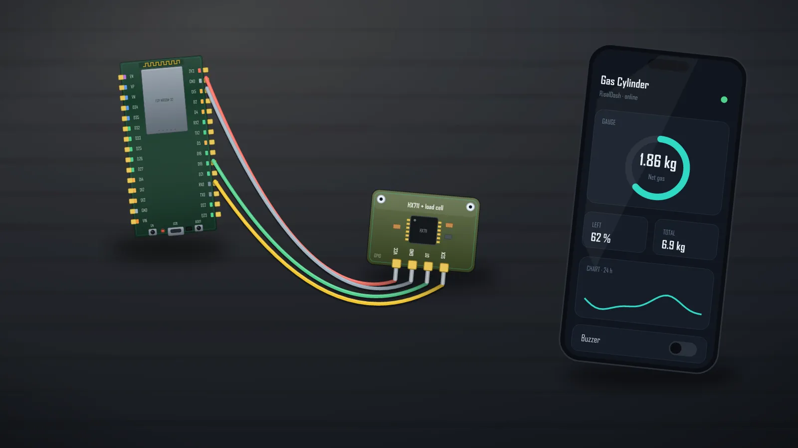 ESP32 smart gas cylinder monitor: HX711 load cell weighs the LPG bottle, net kg and % left