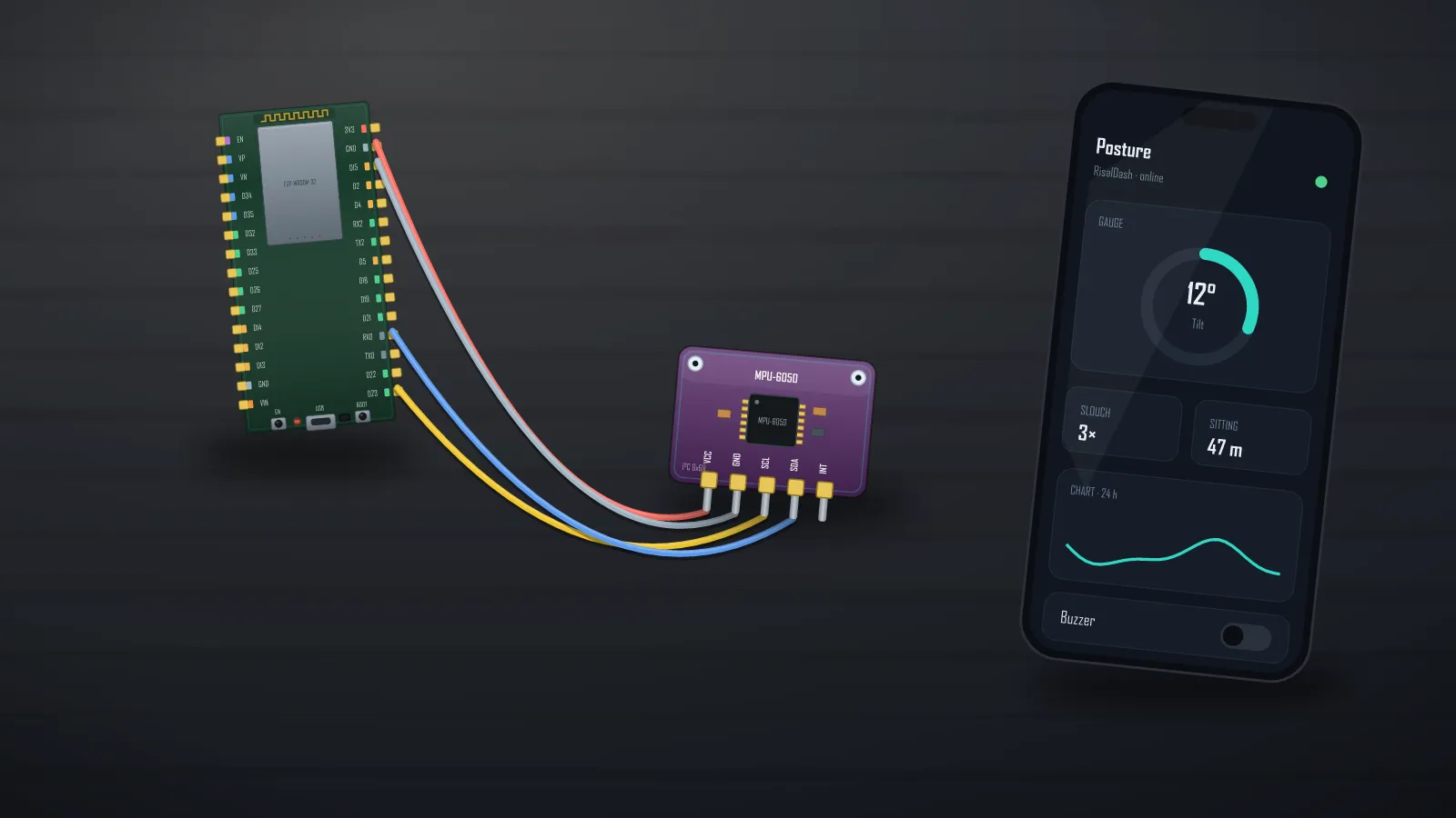 ESP32 posture monitor project: MPU6050 wearable with lean angle, buzzer coach and slouch stats