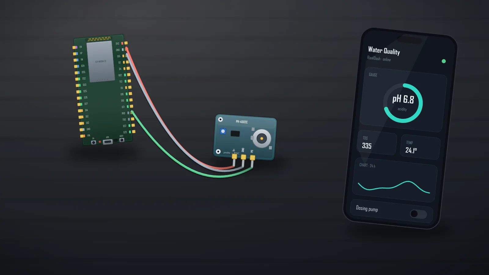 ESP32 water quality project: pH, TDS, turbidity, DS18B20 temperature and auto pump