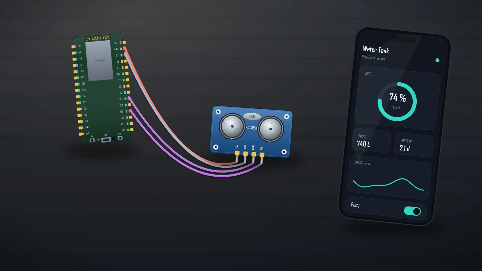 ESP32 water tank project: level, time-to-empty prediction, leak detection and auto pump