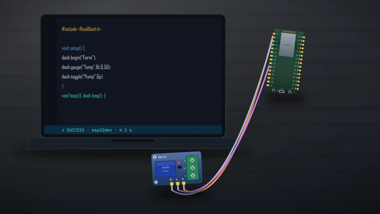 The maker workbench: laptop with the IDE, an ESP32 board and a relay module