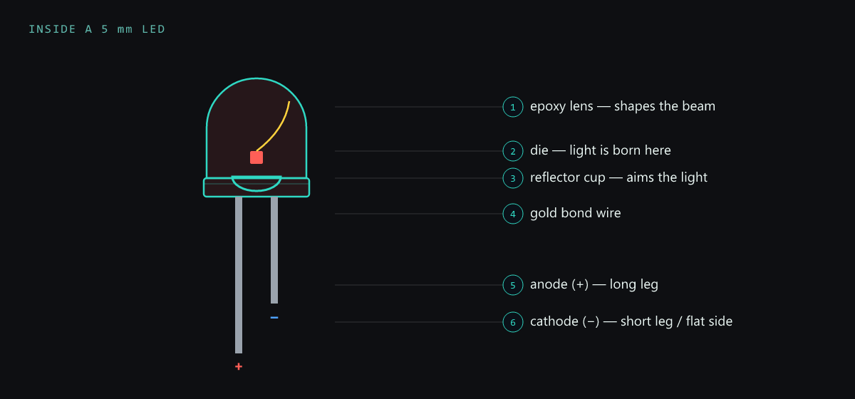 Inside a 5 mm LED: epoxy lens, die, reflector cup, gold bond wire, long anode (+), short cathode (−)