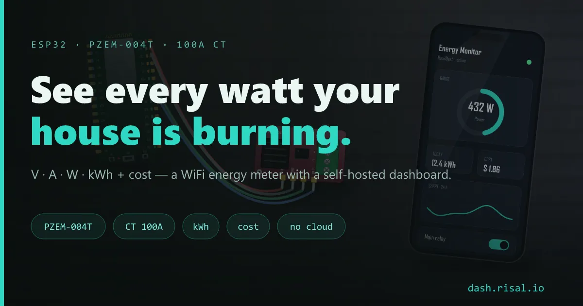ESP32 home energy monitor — PZEM-004T, 100A CT clamp, kWh & cost live