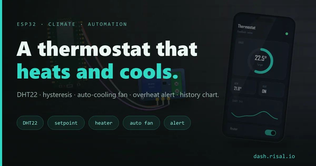 ESP32 smart thermostat — hysteresis, auto-cooling fan & overheat alerts