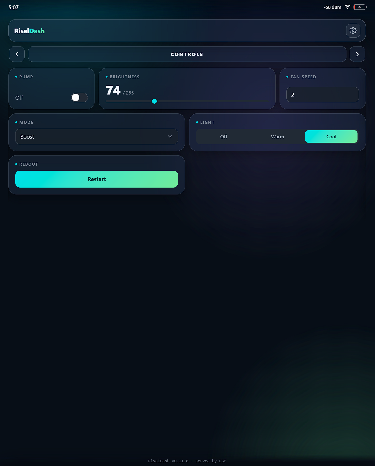 RisalDash Showcase Controls page running on an ESP32