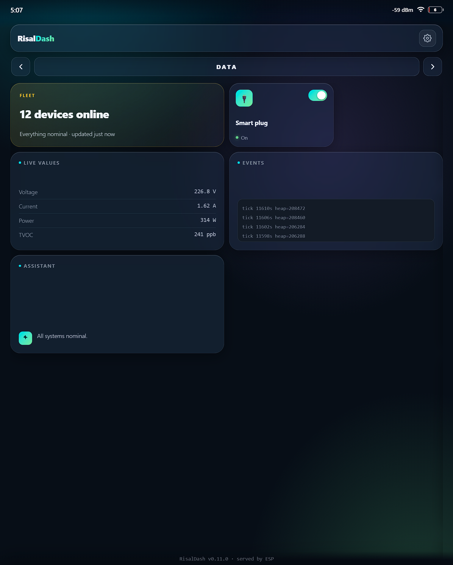 RisalDash Showcase Data page running on an ESP32