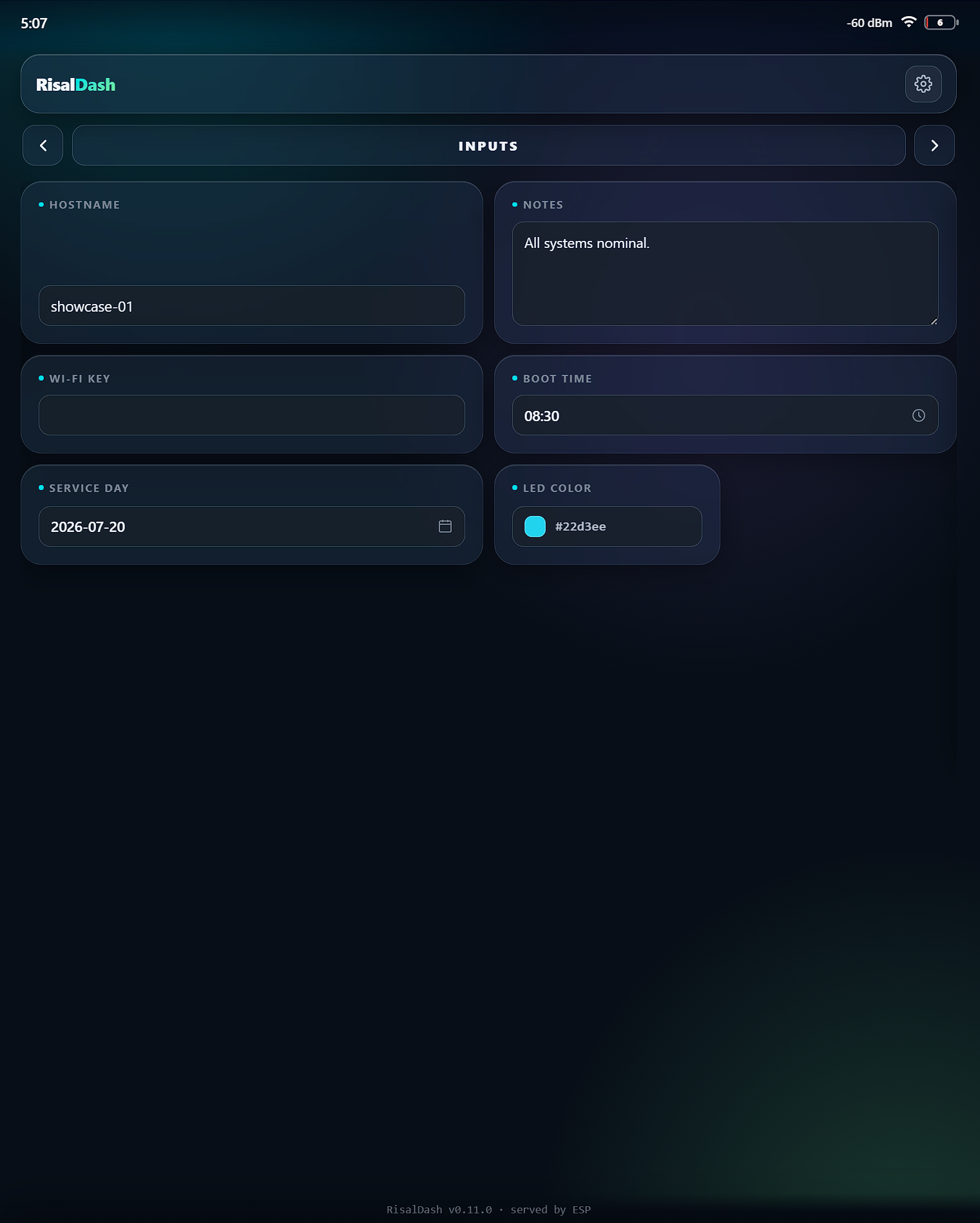 RisalDash Showcase Inputs page running on an ESP32