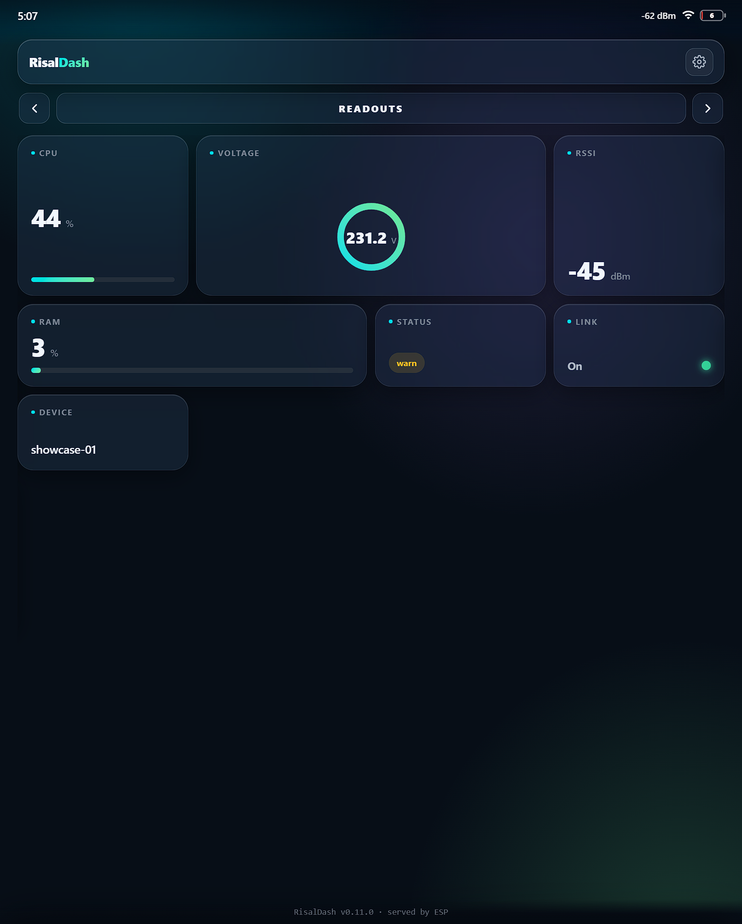 RisalDash Showcase Readouts page running on an ESP32
