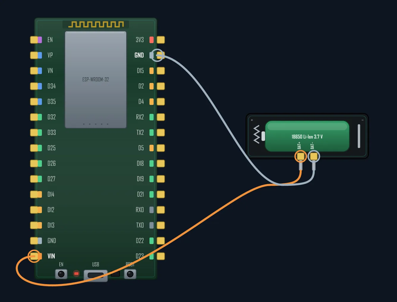 An 18650 / Li-Po cell powering an ESP32 — BAT+ to VIN, BAT− to GND