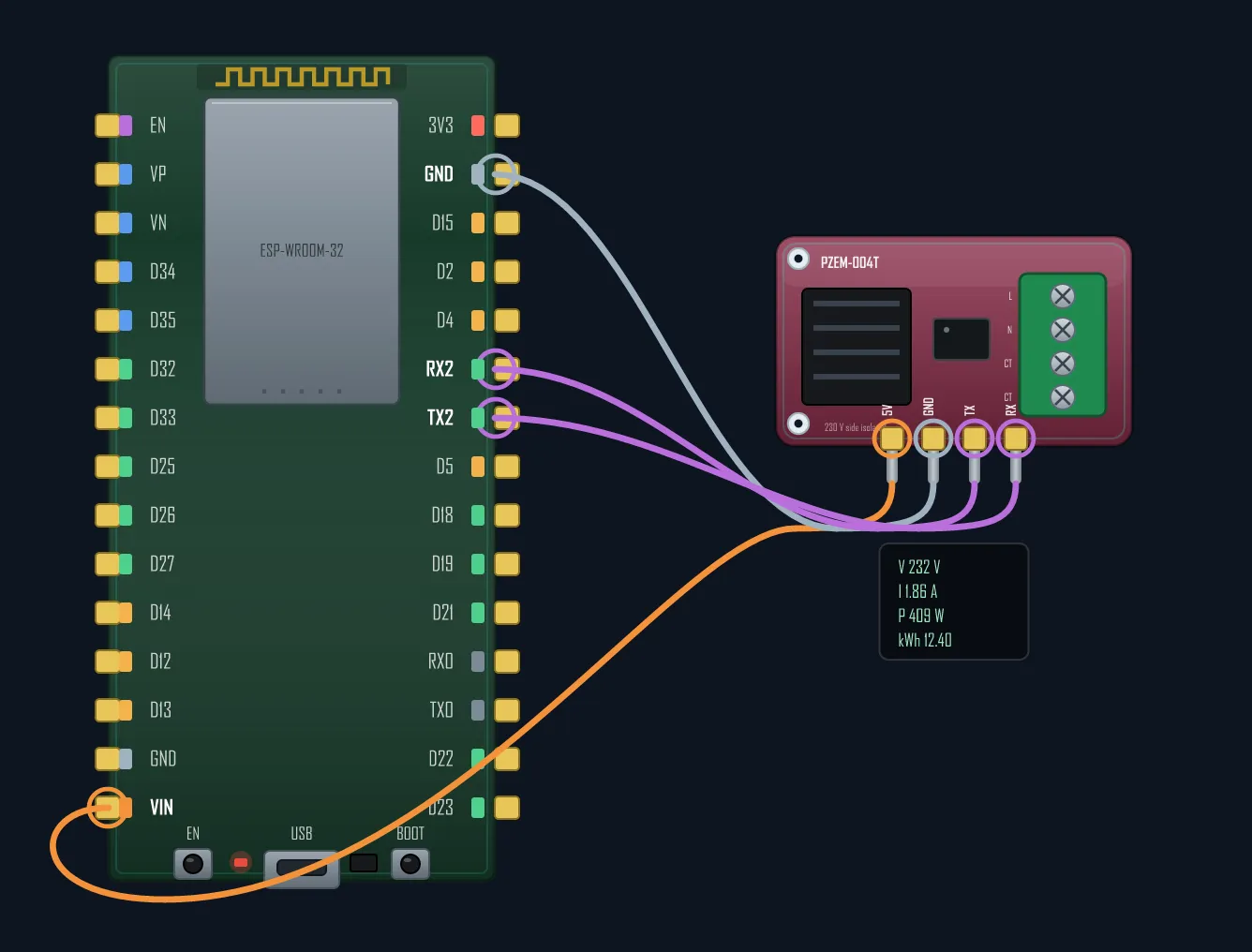 PZEM-004T wired to an ESP32 over UART: 5V, GND, TX to RX2, RX to TX2