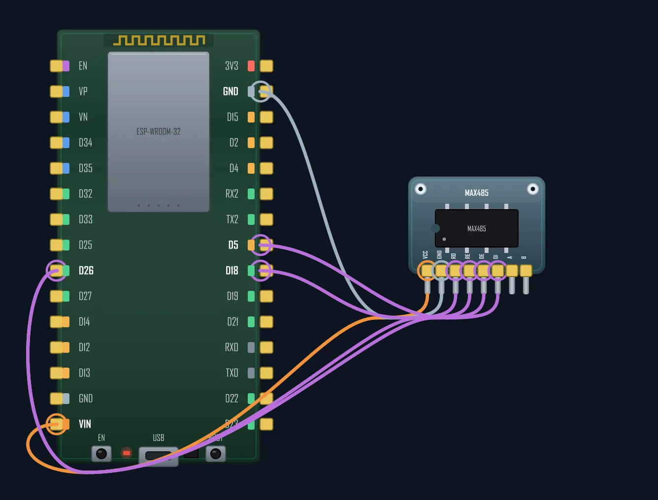 ESP32 wired to a MAX485 RS-485 transceiver — RO to RX, DI to TX, DE and RE tied to a direction GPIO, A and B out to the twisted-pair bus